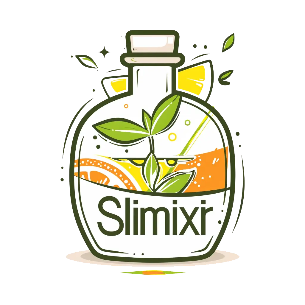 Logo of Slimixir showing a detox drink bottle with leaves and citrus slices inside