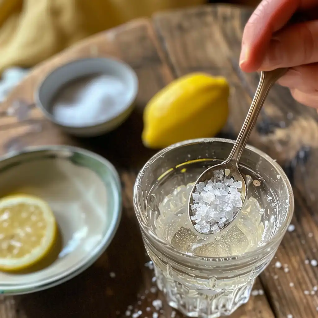 Hand adding 1/8 teaspoon of pink Tibetan salt into warm water, crystals mid-dissolve