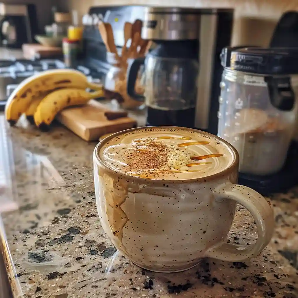 Banana Bread Latte in a wide mug with silky foam and cinnamon dusting