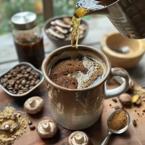 Banana Bread Latte made with mushroom coffee, topped with microfoam and cinnamon, next to banana bread slices and visible mushroom powders