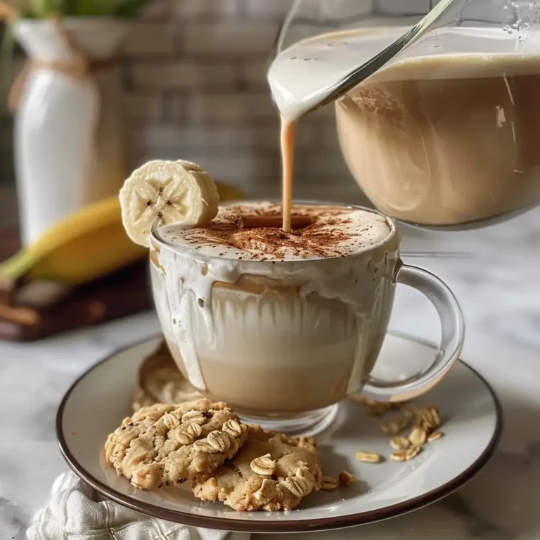 Banana Bread Latte served with oatmeal cookie and banana slice garnish
