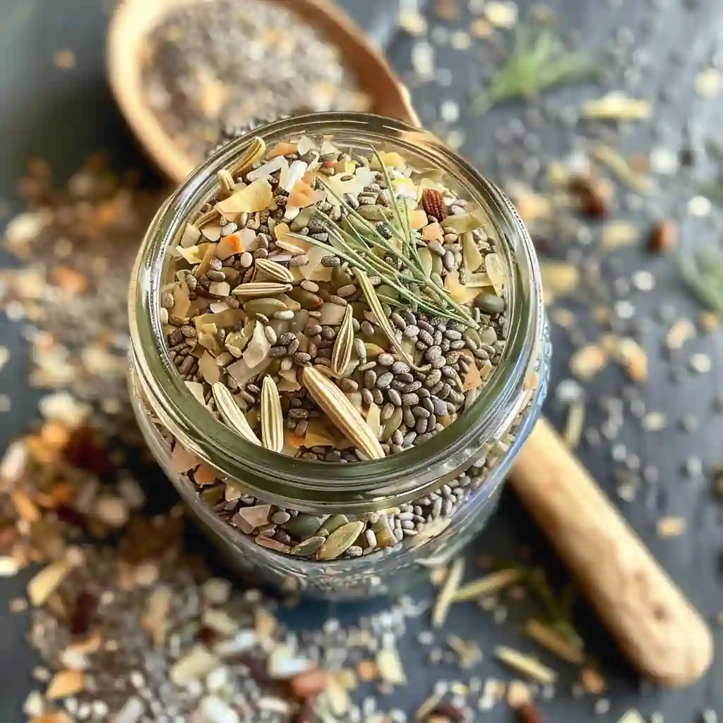 Bariatric seed ritual drink with chia, flax, pumpkin, and fennel seeds in a glass of water on a sunlit table