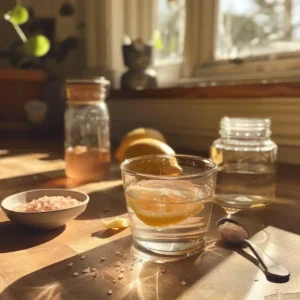 Bedside serving of warm salted water with a small bowl of sea salt, lemon slice, and teaspoon