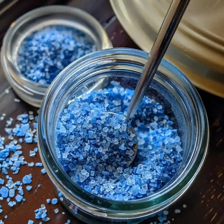 Blue salt ritual blend in a glass bowl with visible salts, blue pigment, botanicals, and oils