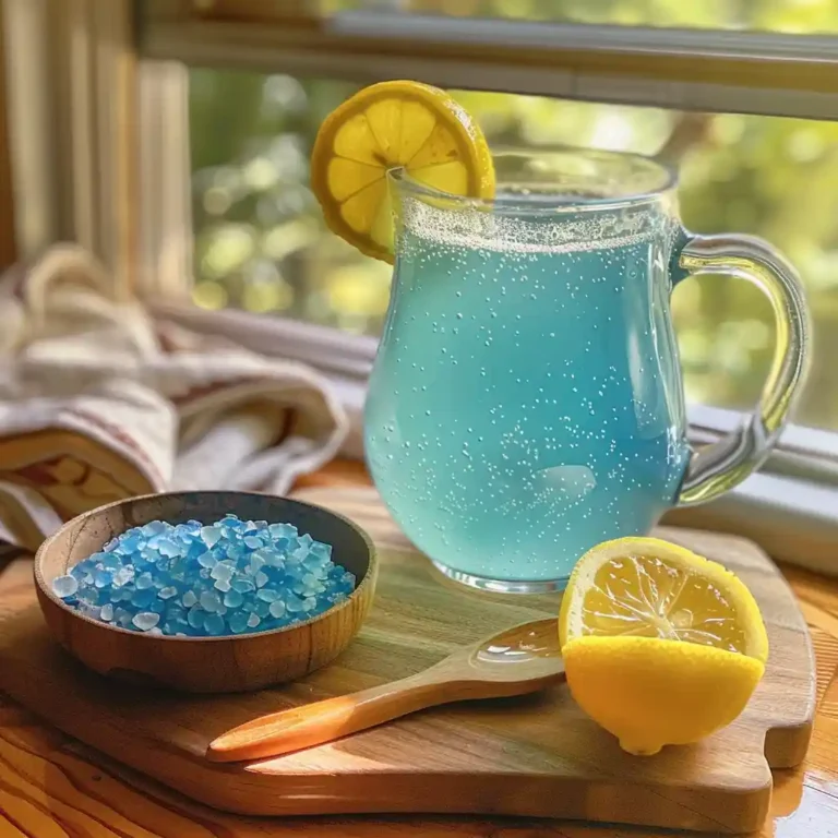Blue Salt Trick drink in a clear mug with faint blue hue beside lemon, honey, and a jar of Persian blue salt