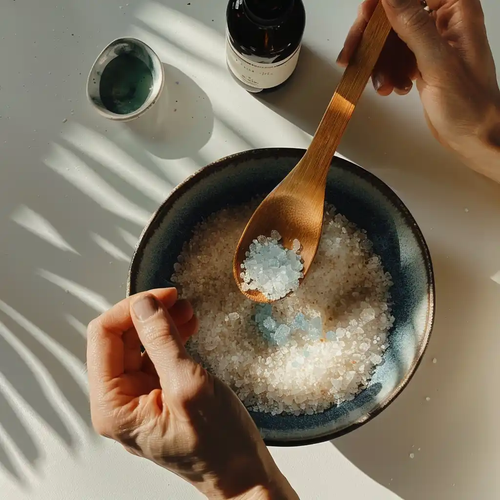Blue salt trick ingredients laid out as a flat lay on wood