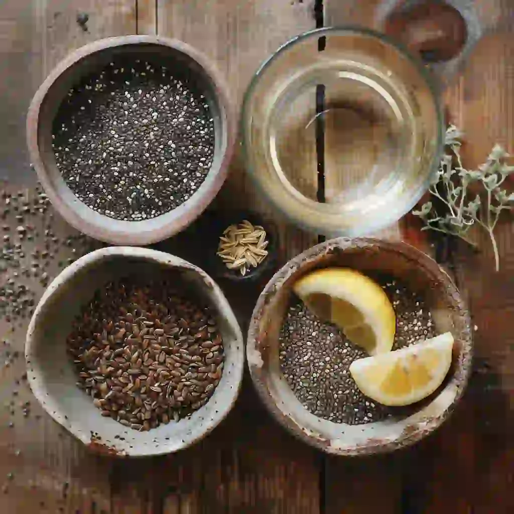 Chia, flax, pumpkin, and fennel seeds arranged in small bowls for bariatric seed ritual recipe