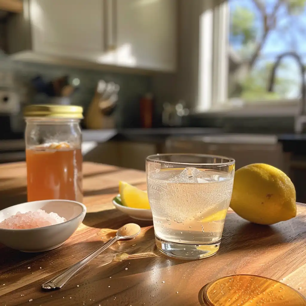 the salt trick for men- Featured glass of warm salted water with Himalayan pink salt, lemon, honey, and teaspoon in morning window light
