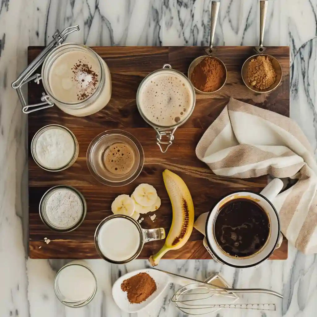 Flat lay of Banana Bread Latte ingredients arranged on a wooden board