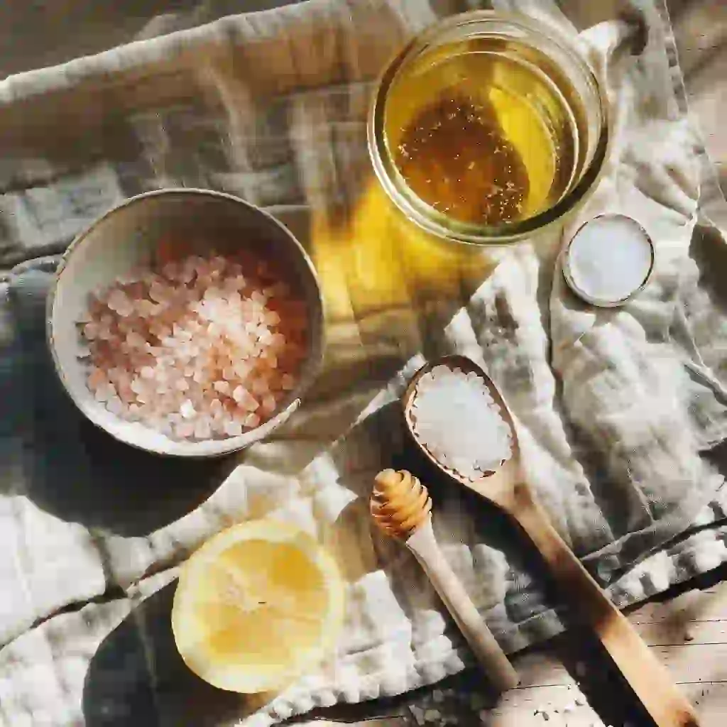 the salt trick for men-Flat lay of ingredients for the salt trick — Himalayan salt, sea salt, warm water, lemon, honey, teaspoon