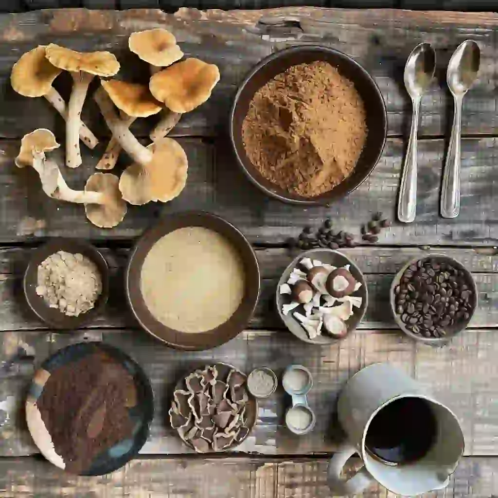 Flat lay of RYZE coffee ingredients—organic coffee grounds with bowls of Lion’s Mane, Cordyceps, Reishi, Shiitake, King Trumpet, and Turkey Tail