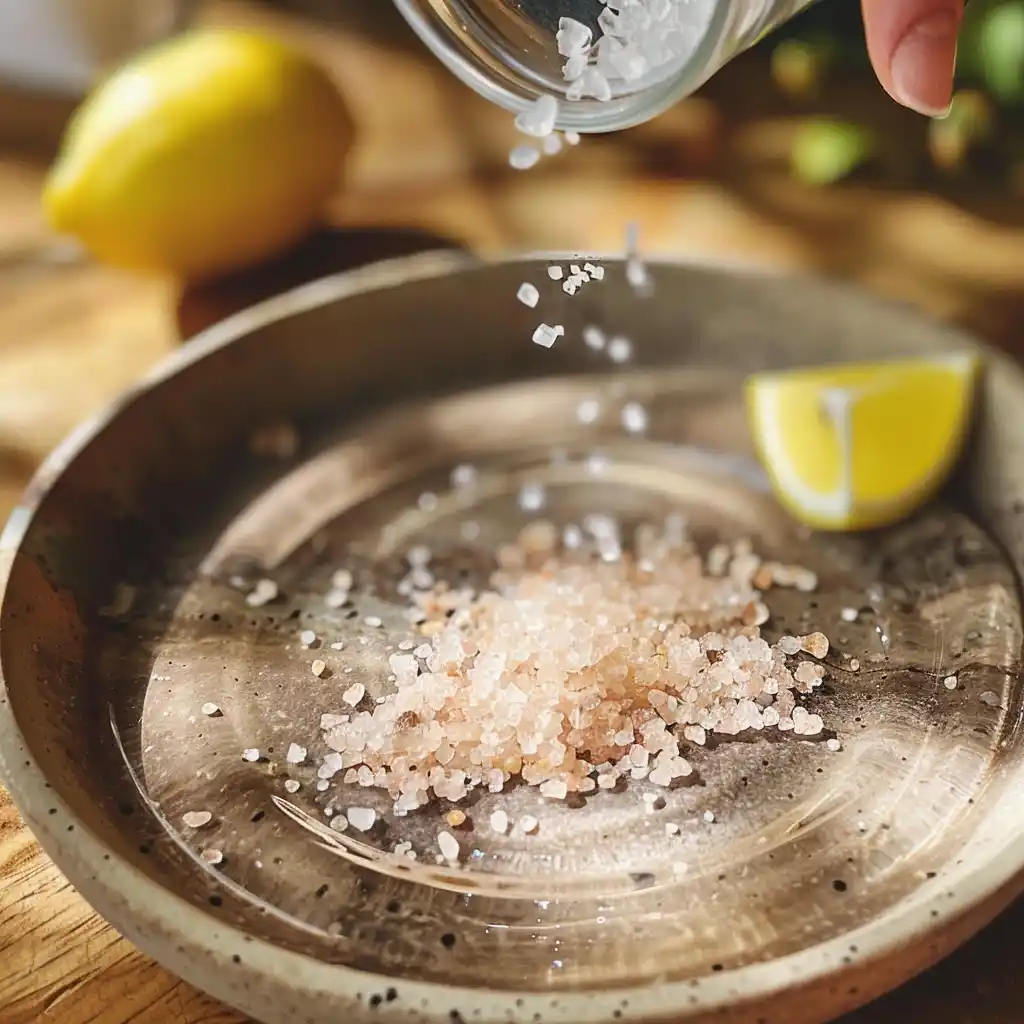 Gently stirring the pink salt water as the last crystals dissolve, lemon and salt dish nearby
