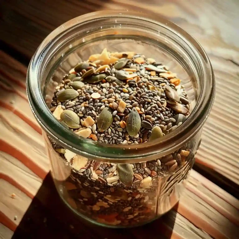 Glass jar of homemade bariatric seed mix glowing in morning sunlight