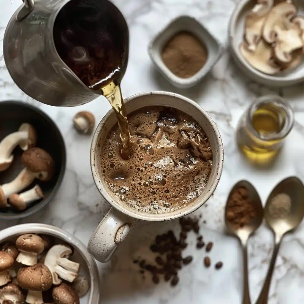 Handheld frother creating creamy foam in a mug of mushroom coffee; ingredients arranged around the cup