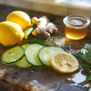 Hands adding ginger slices into a pitcher with lemon and cucumber