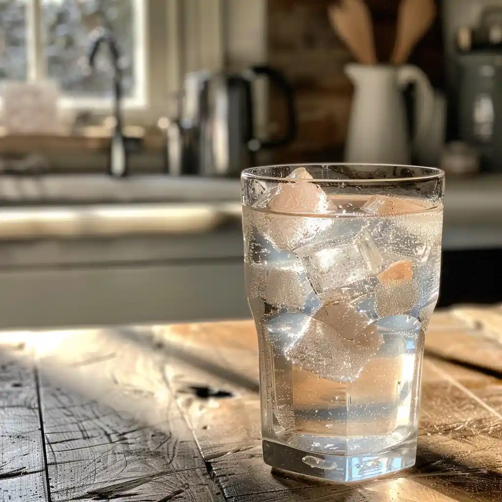 Himalayan pink salt and ice trick drink in a glass, condensation and soft morning light on wooden counter