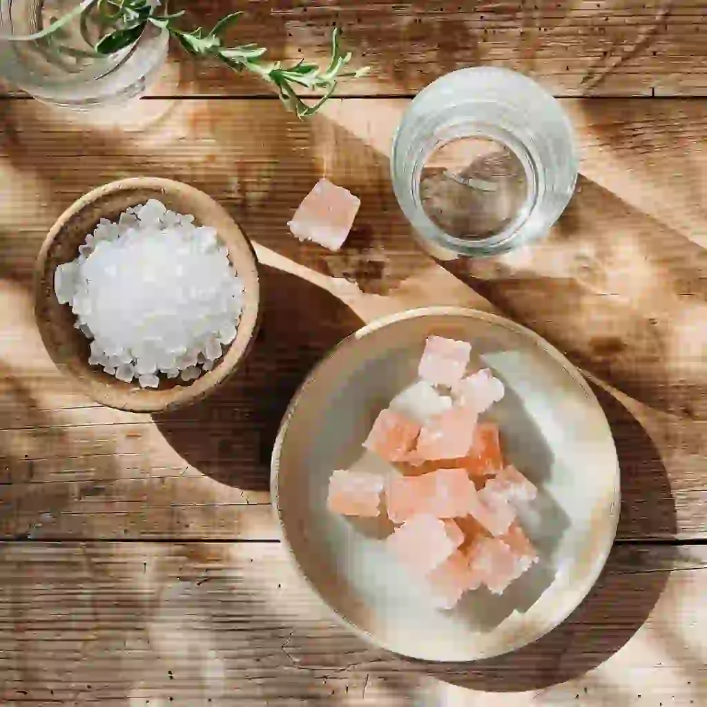 salt and ice trick recipe , ice cubes, and filtered water laid out on a wooden countertop
