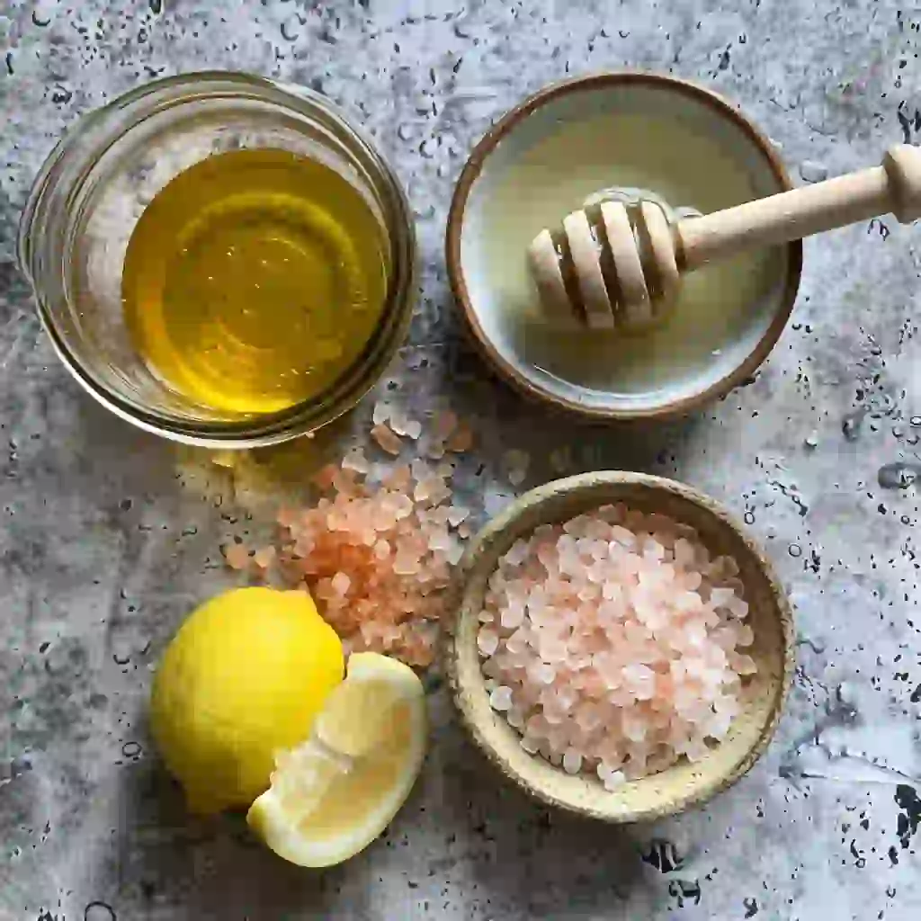pink salt trick recipe for weight loss , lemon, honey, cayenne, and warm water laid out neatly on a counter