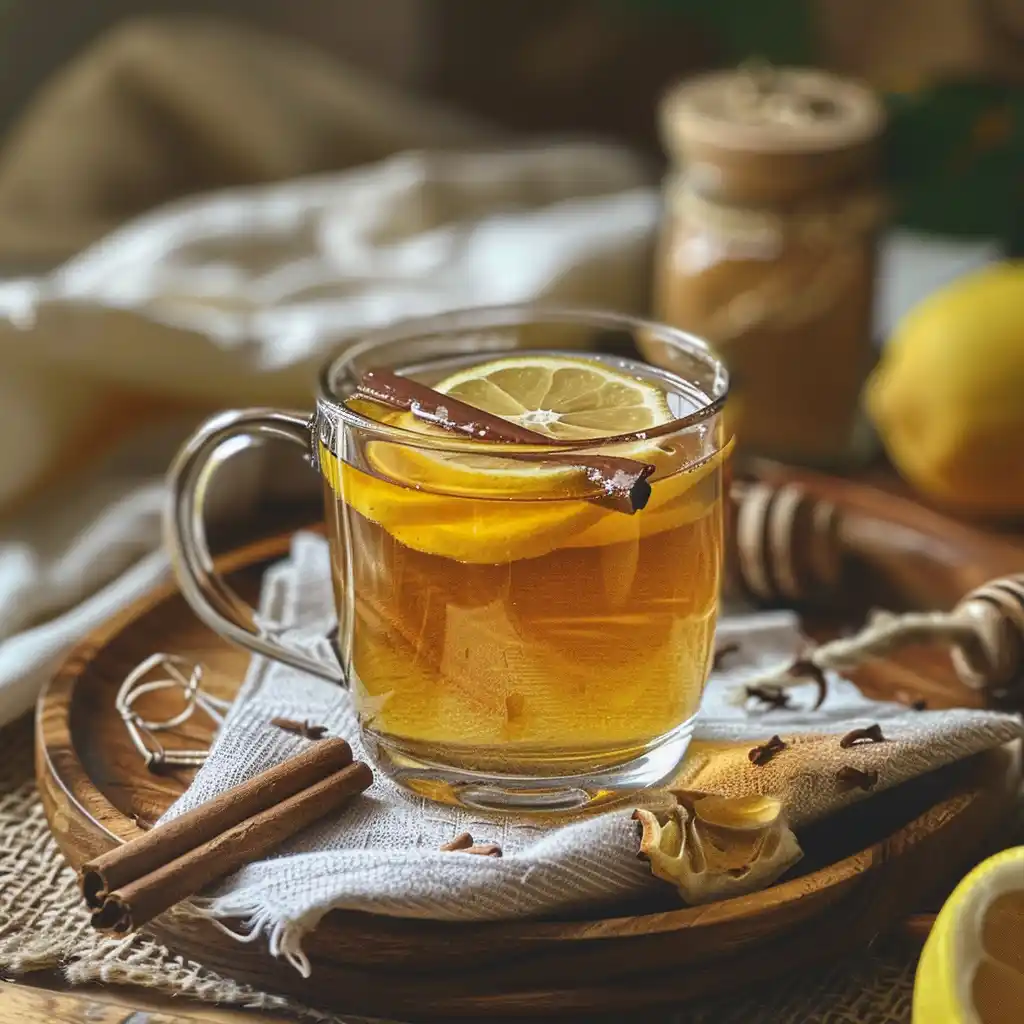 Honey memory drink served with lemon wedge and cinnamon stick