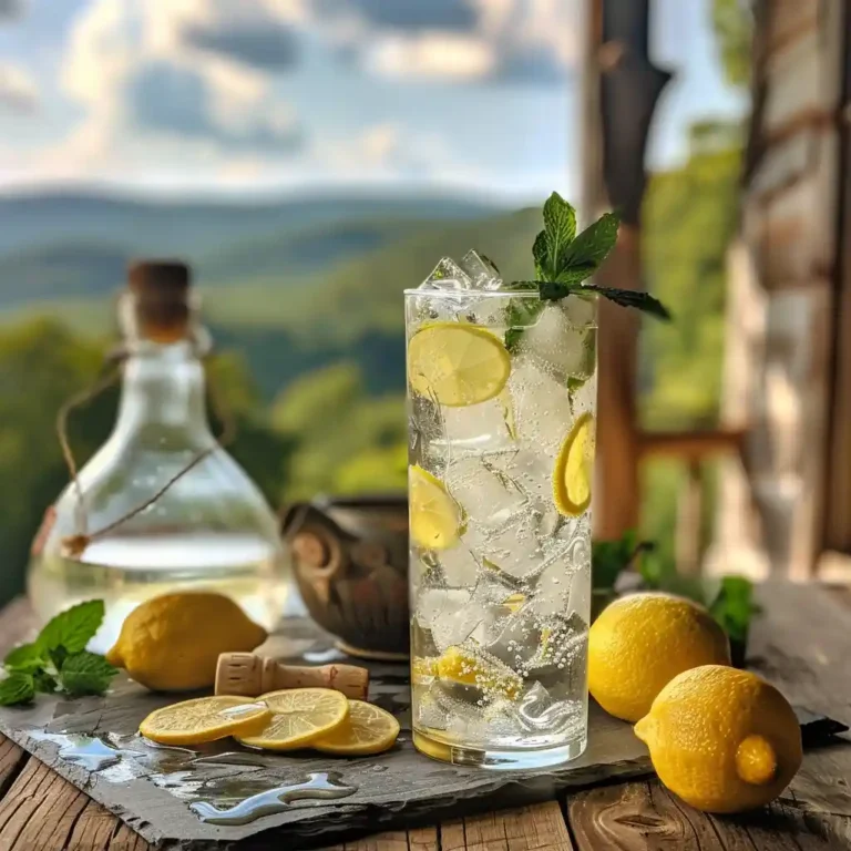 Ice water hack recipe in a tall glass with lemon slices and a hint of apple cider vinegar on a sunrise porch