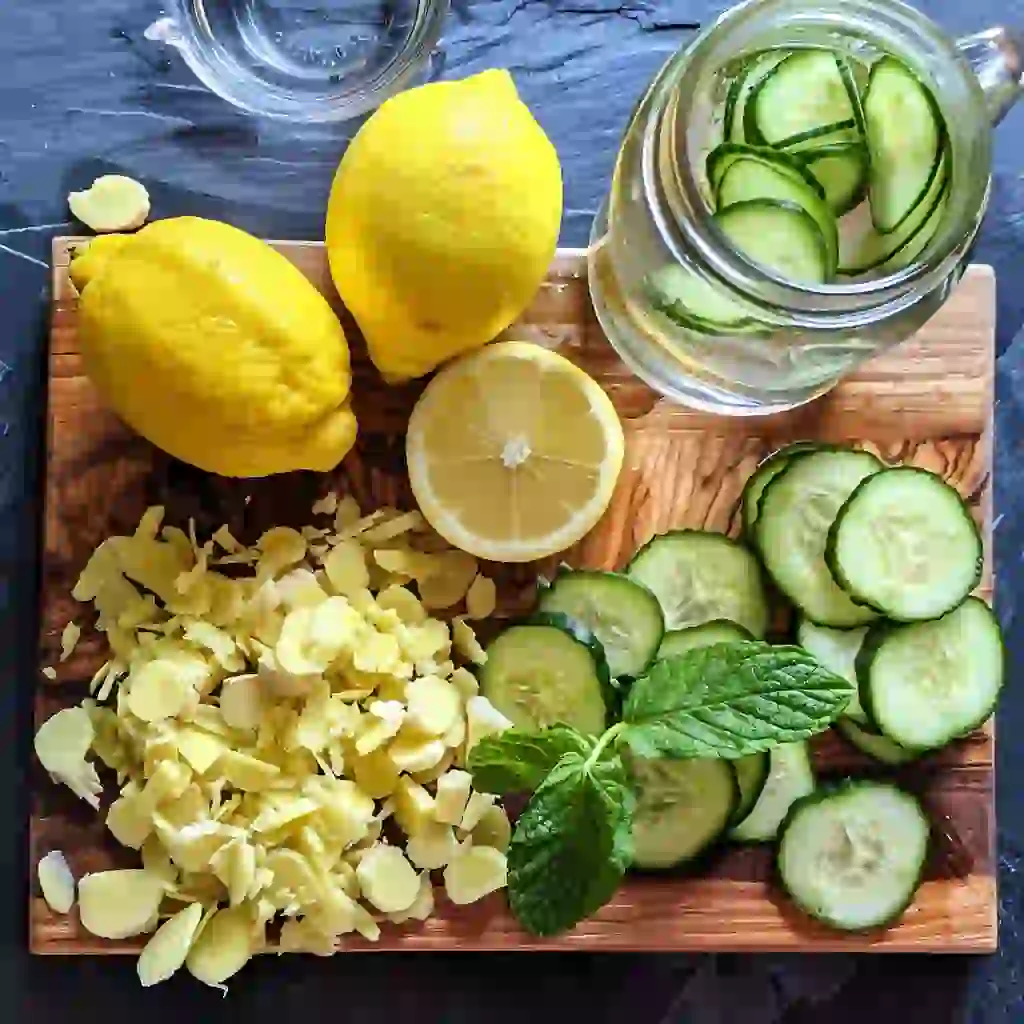 Ingredients for Natural Zepbound Recipe for Weight Loss  – lemon slices, ginger, cucumber, mint, and water laid out on a wooden board