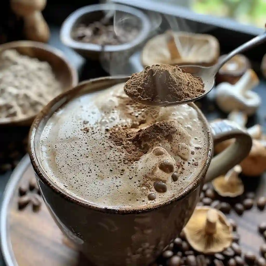 Kettle pouring hot water into a mug with mushroom coffee blend; bowls of powders and MCT oil visible