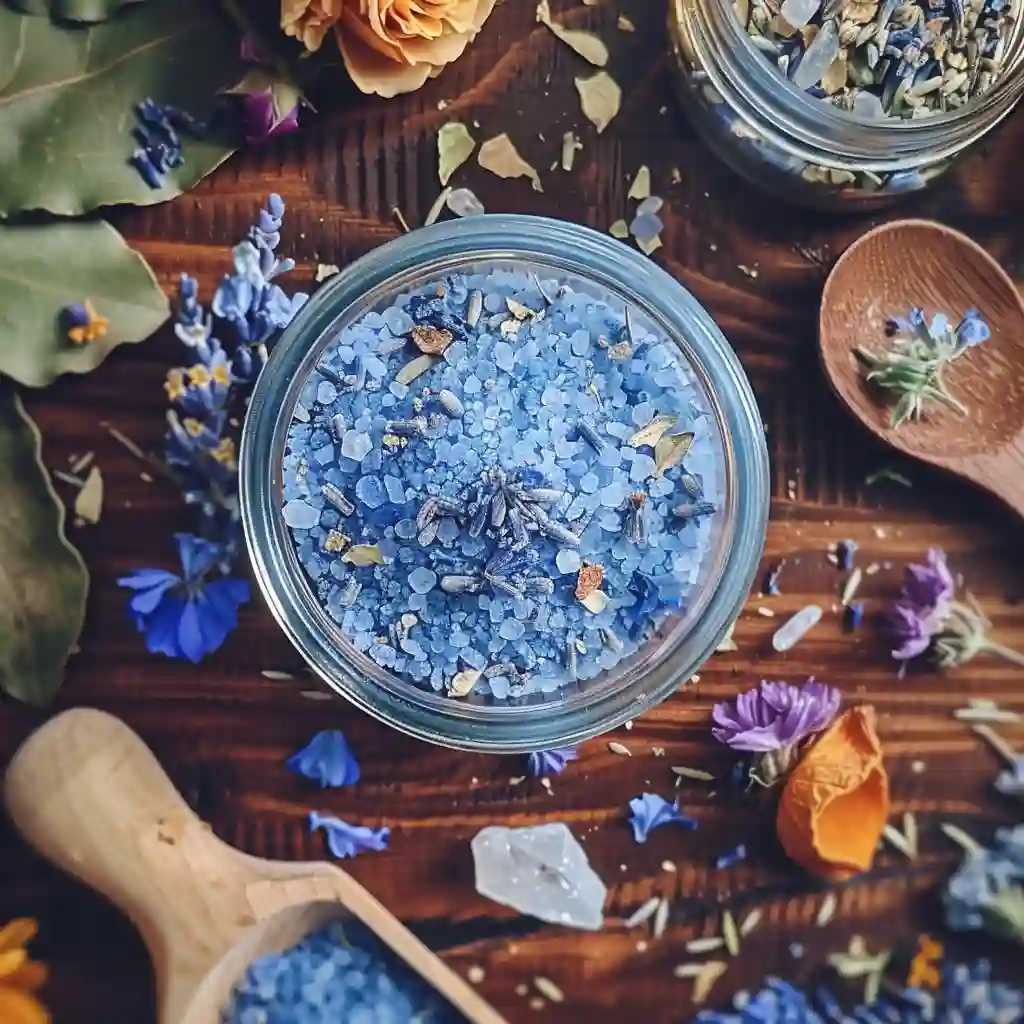 Mixing coarse salt with a pinch of blue pigment in a glass bowl