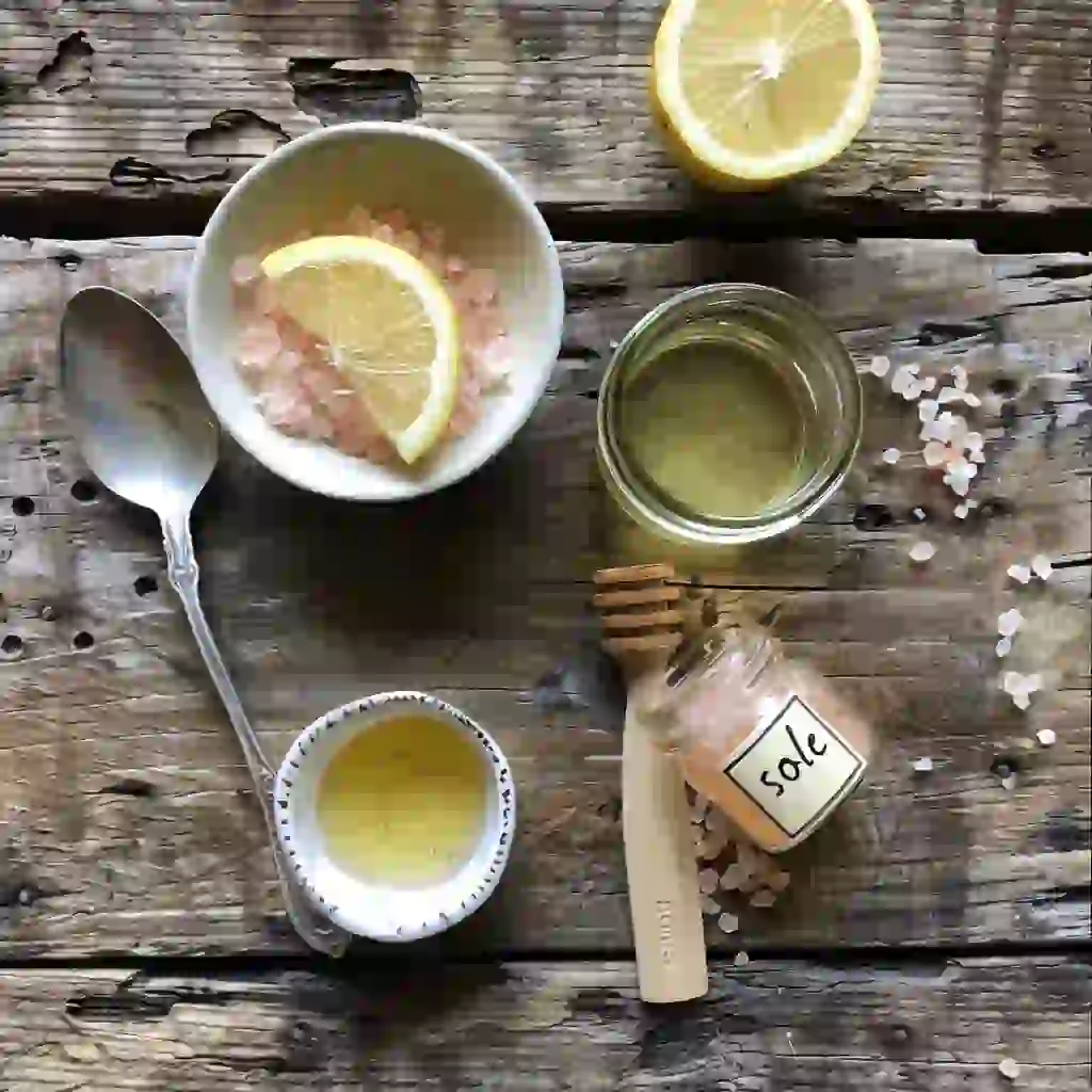 Overhead flat lay of ingredients for pink Tibetan salt water: warm water, pink crystals, lemon, honey, teaspoon, and a small “sole” jar