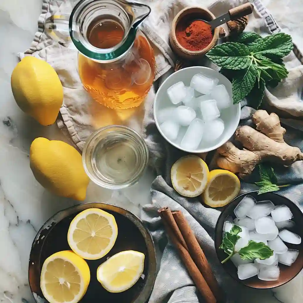 Overhead ingredients display for ice water hack recipe—lemons, ACV, ice, and water