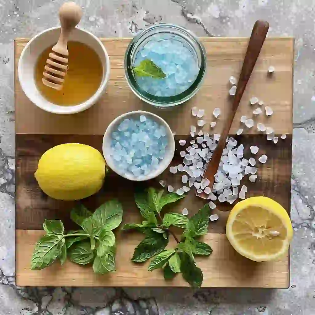 Blue Salt Trick Recipe - Overhead ingredients layout: Persian blue salt crystals, warm water, lemon, raw honey, mint, and a 1/8 tsp measure