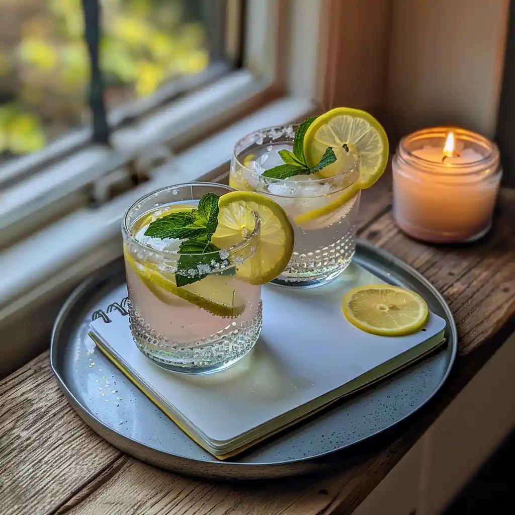 Pink salt water drink served on a tray with notebook and candle for a cozy morning ritual
