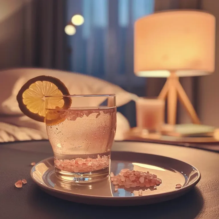 Pink Tibetan salt water in a warm glass on a cozy kitchen counter with salt crystals, lemon, and honey nearby