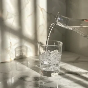 Pouring filtered water into a glass with salt and ice on a kitchen counter