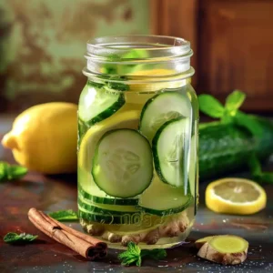 Pouring filtered water into a jar filled with detox ingredients