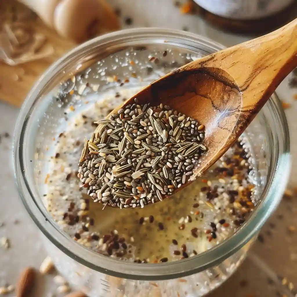 bariatric seed ritual recipe -Pouring warm water over chia, flax, and fennel seeds for bariatric seed ritual