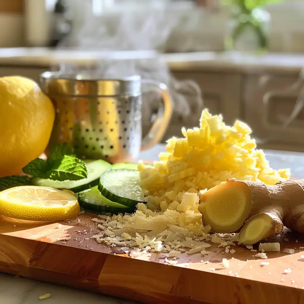 Pouring water over lemon, cucumber, ginger, and mint to make Natural Zepbound Recipe for Weight Loss 