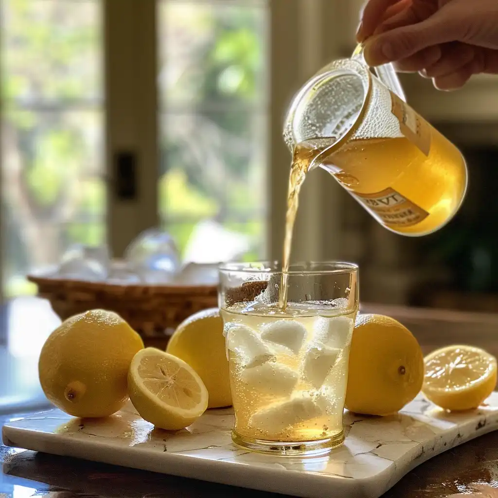 Preparation step 2—teaspoon of apple cider vinegar added to iced lemon water
