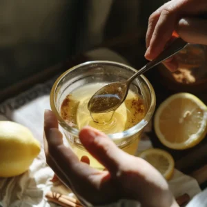Raw honey being stirred into warm water – clear mug and wooden spoon