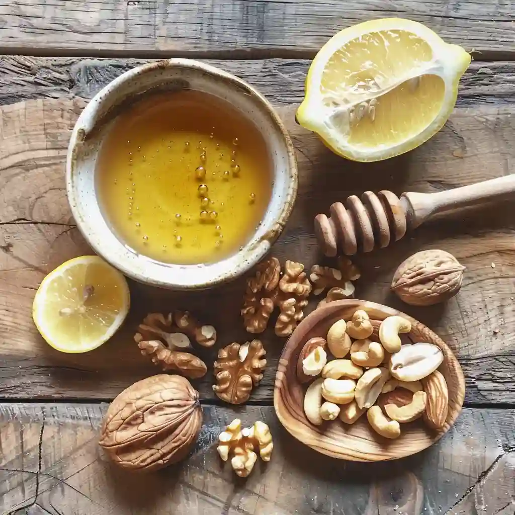 Raw honey, nuts, and lemon arranged on a rustic wooden table