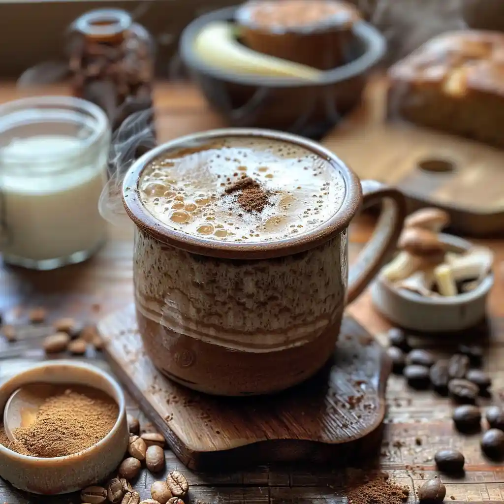 RYZE-style mushroom coffee in a steaming ceramic mug with surrounding bowls of Lion’s Mane, Cordyceps, Reishi, Shiitake, King Trumpet, Turkey Tail, and coffee beans