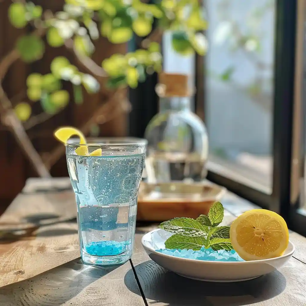 Serving glass of the Blue Salt Trick with lemon twist and mint leaf, ingredients blurred behind