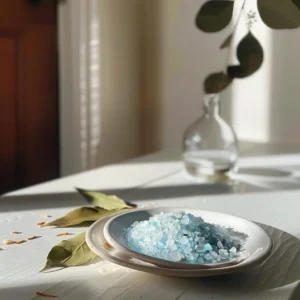 Serving suggestion of blue salt in a clear glass dish on a white plate near a doorway