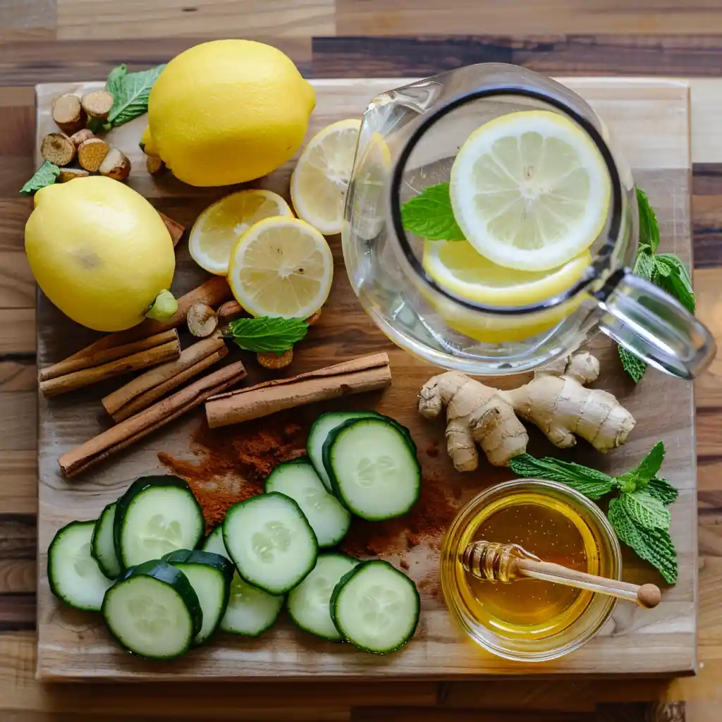 Sliced lemon, cucumber, ginger, mint, cinnamon, and honey on a wooden board