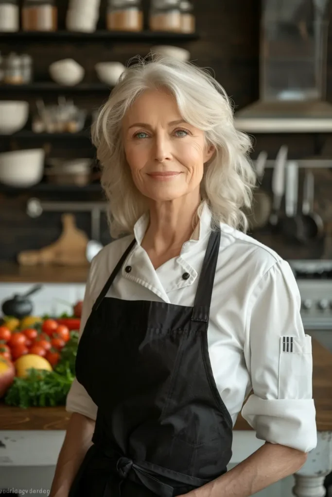 “Amellia, a 70-year-old woman with blonde hair and blue eyes, smiling in her kitchen while wearing a chef’s uniform and apron, surrounded by fresh vegetables.”
