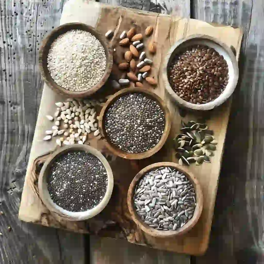 bariatric seed recipe - Small bowls of chia, flax, pumpkin, sesame, and sunflower seeds on a wooden board