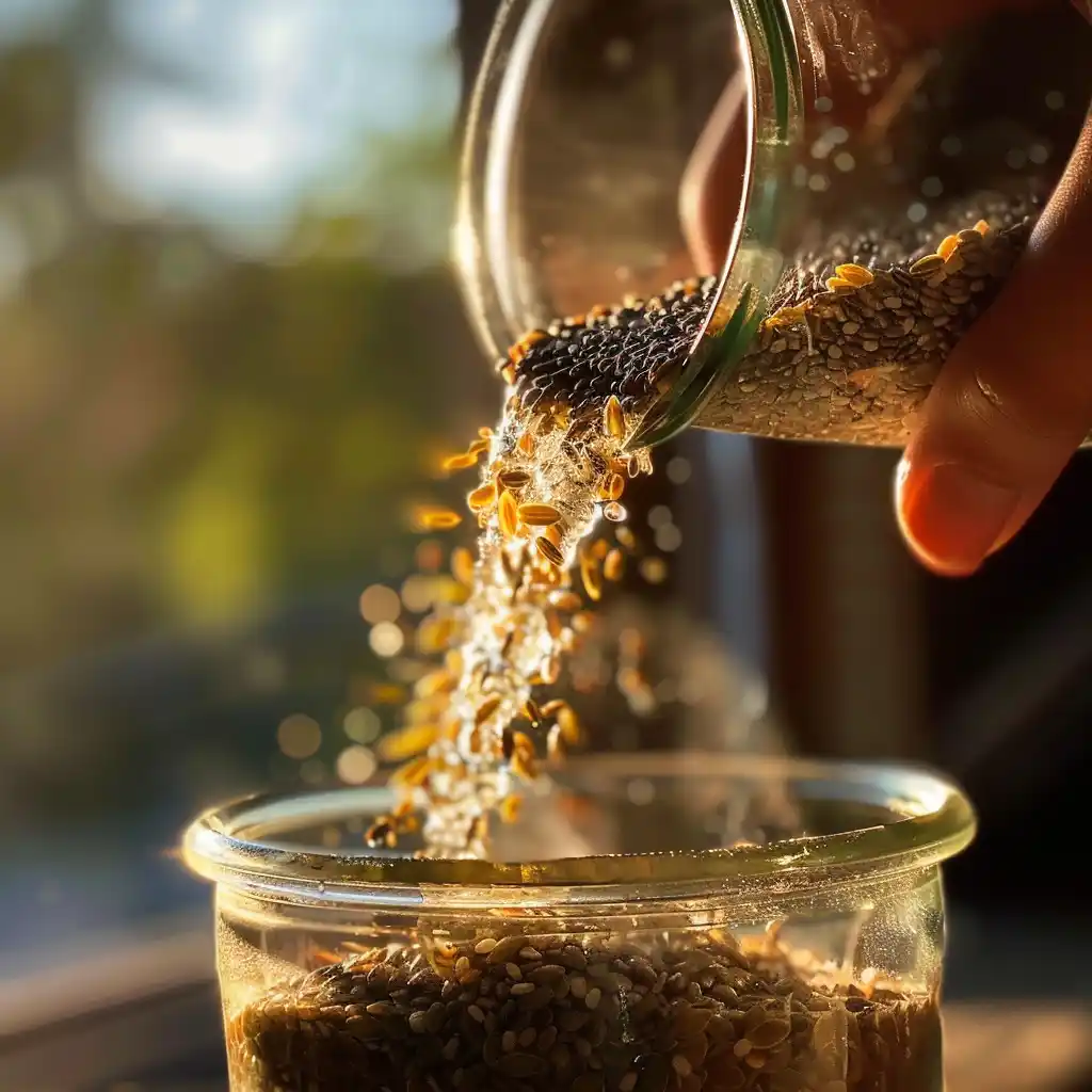 Soaked bariatric seed mix in glass jar with visible chia gel texture
