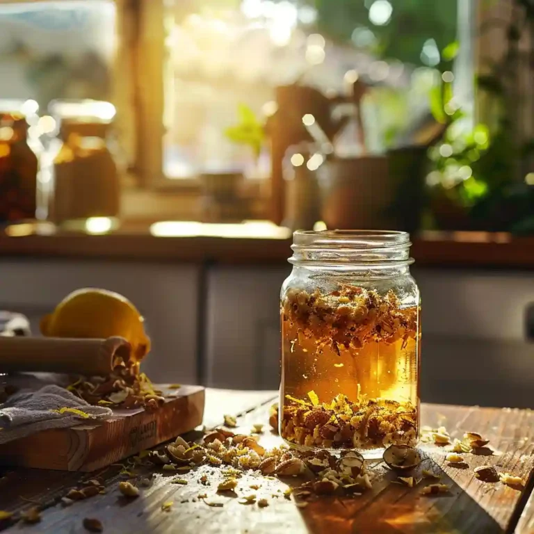 Stirring honey, nuts, and lemon in a jar by hand