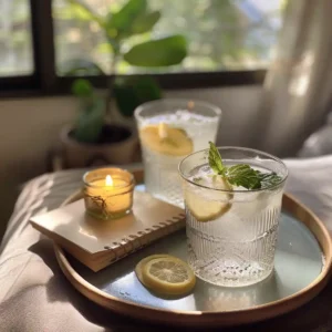Stirring pink salt into warm water in a glass on a wooden counter