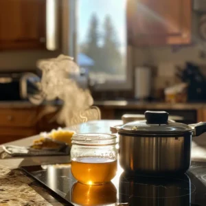Stirring raw honey into warm water with lemon and cinnamon nearby