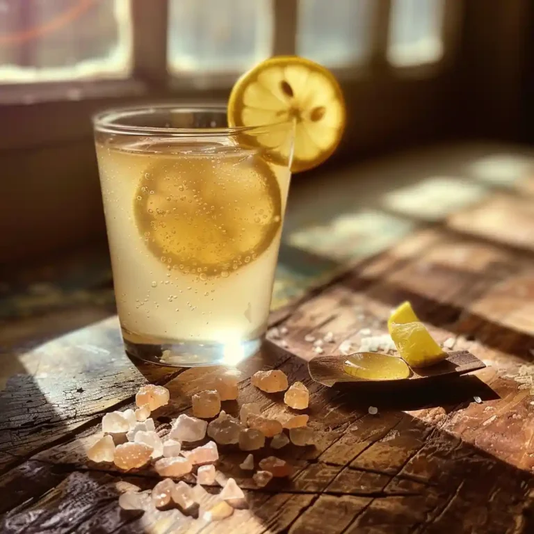 Warm pink salt water with lemon slice and honey in a glass on a wooden table – morning wellness drink